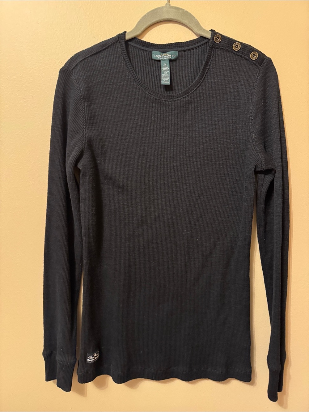 Lauren Ralph Lauren Black Ribbed Crewneck Sweater with Shoulder Buttons